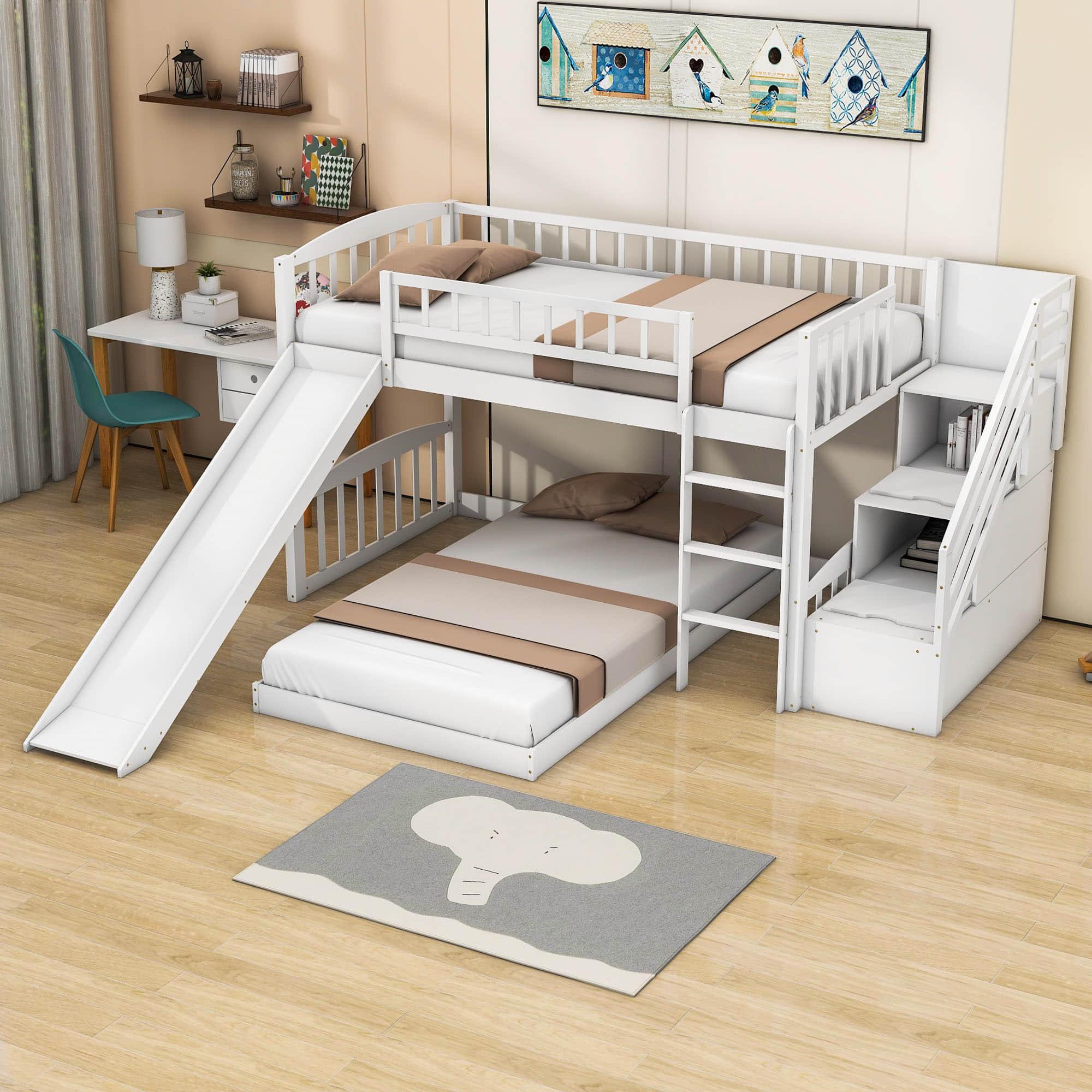 Twin Over Twin L-Shaped Floor Bunk Beds with Stairs and Slide for Kids