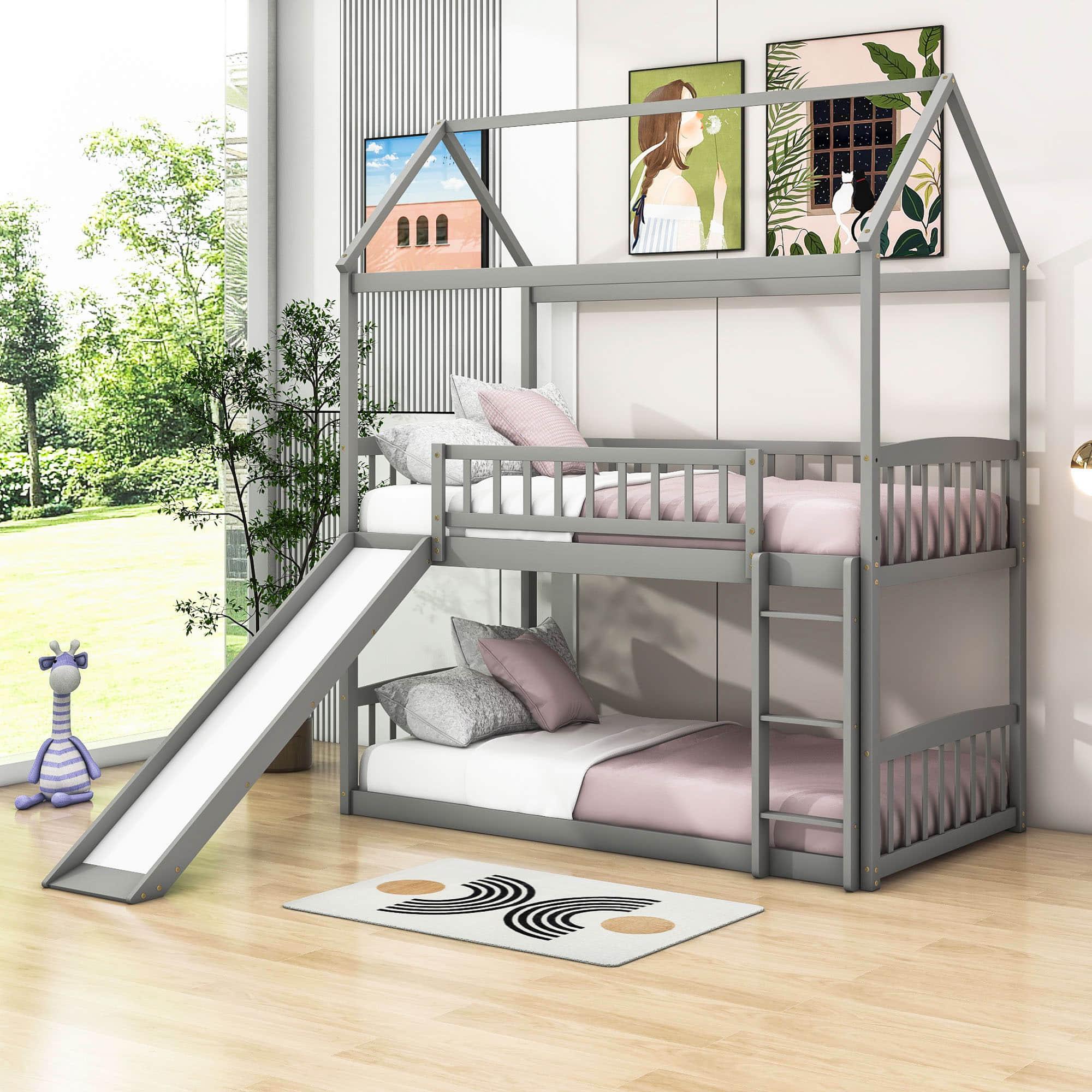 Twin Over Twin Low House Bunk Bed with Slide and Ladder - [Floor, Interchangeable]