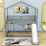 Low Fun Twin Over Twin House Bunk Beds for Kids with Slide - [Floor]