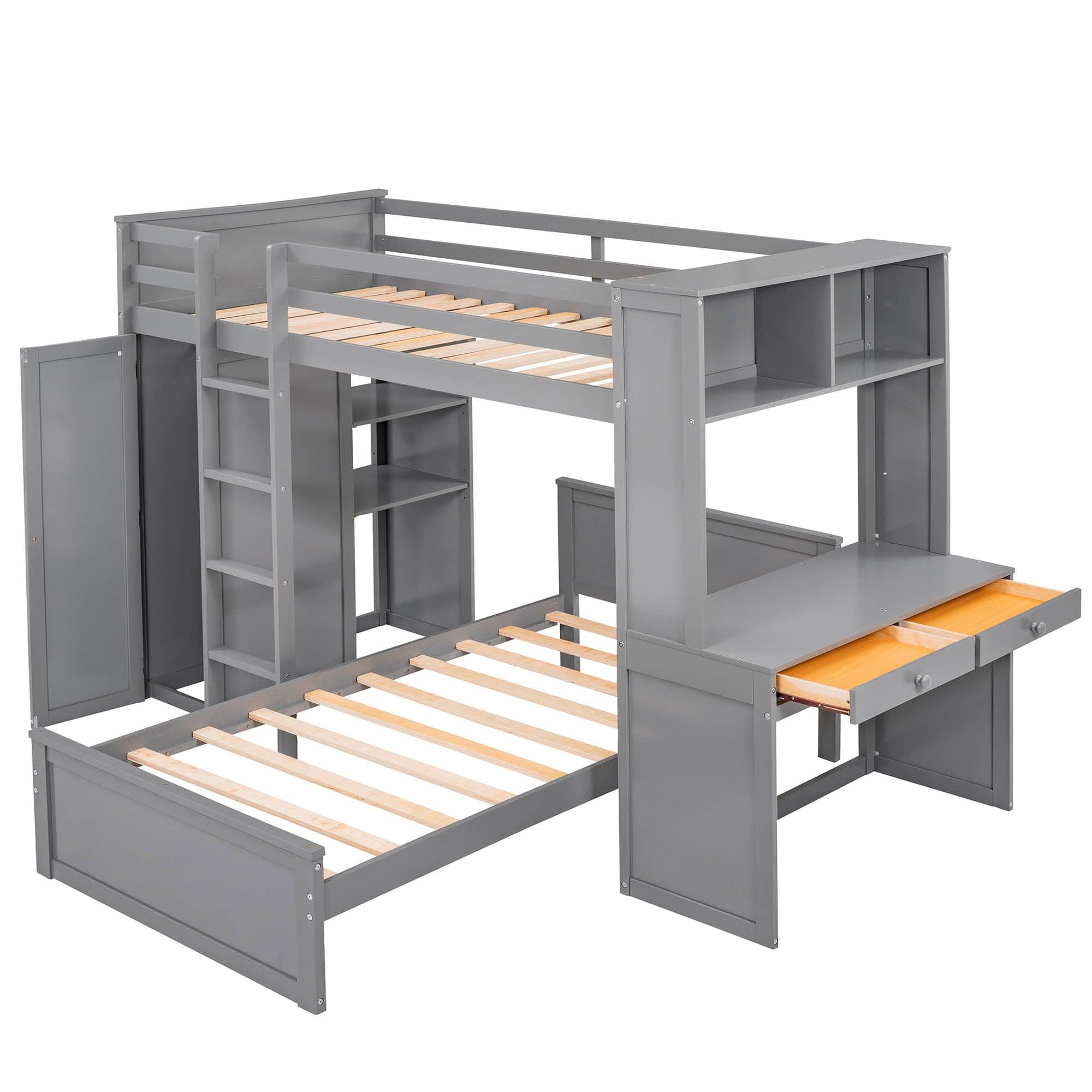 L-Shaped Twin Over Twin Bunk Beds with Desk and Storage - [Wooden, Drawers, Wardrobe]