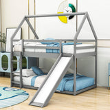 Twin Over Twin House Low Bunk Bed with Slide and Ladder - [Floor, Wood]