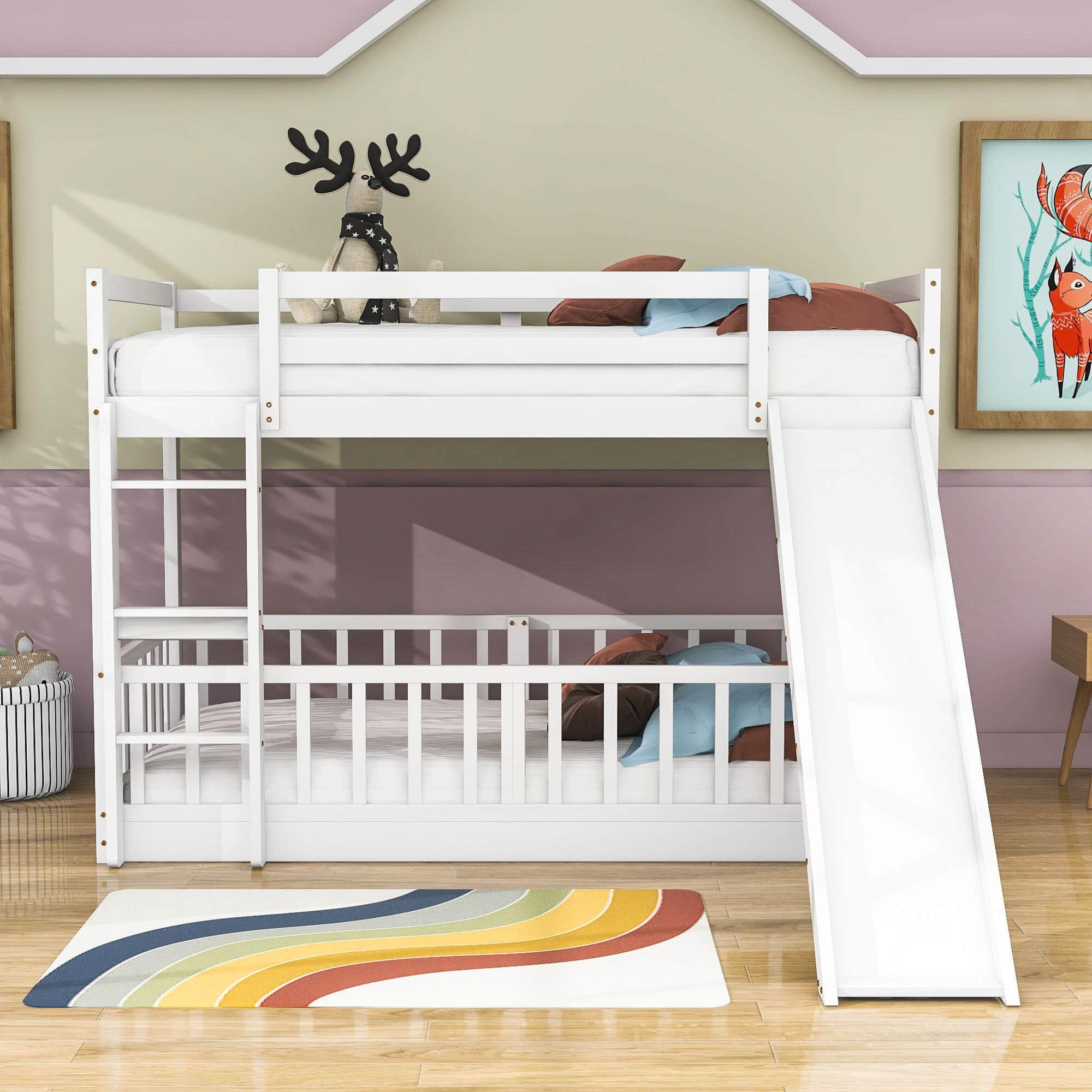 Wooden Twin Over Twin Low Bunk Beds with Slide for Kids, Toddler - [Floor]