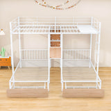 L-Shaped Full Over Twin & Twin Metal Triple Bunk Bed with Desk and Storage