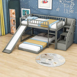 Twin Over Twin L-Shaped Floor Bunk Beds with Stairs and Slide for Kids