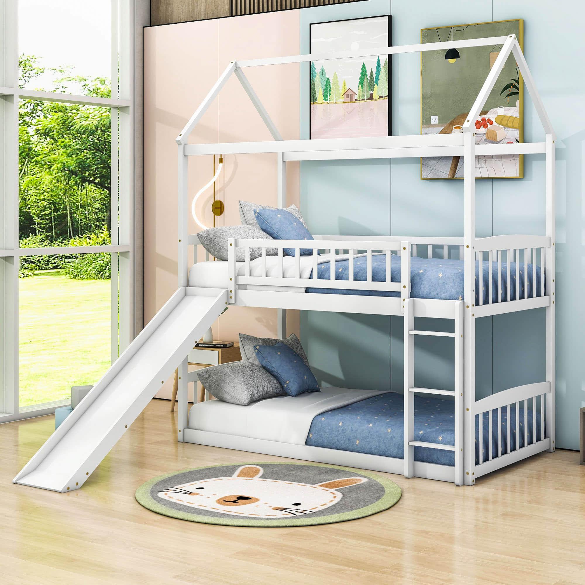 Twin Over Twin Low House Bunk Bed with Slide and Ladder - [Floor, Interchangeable]