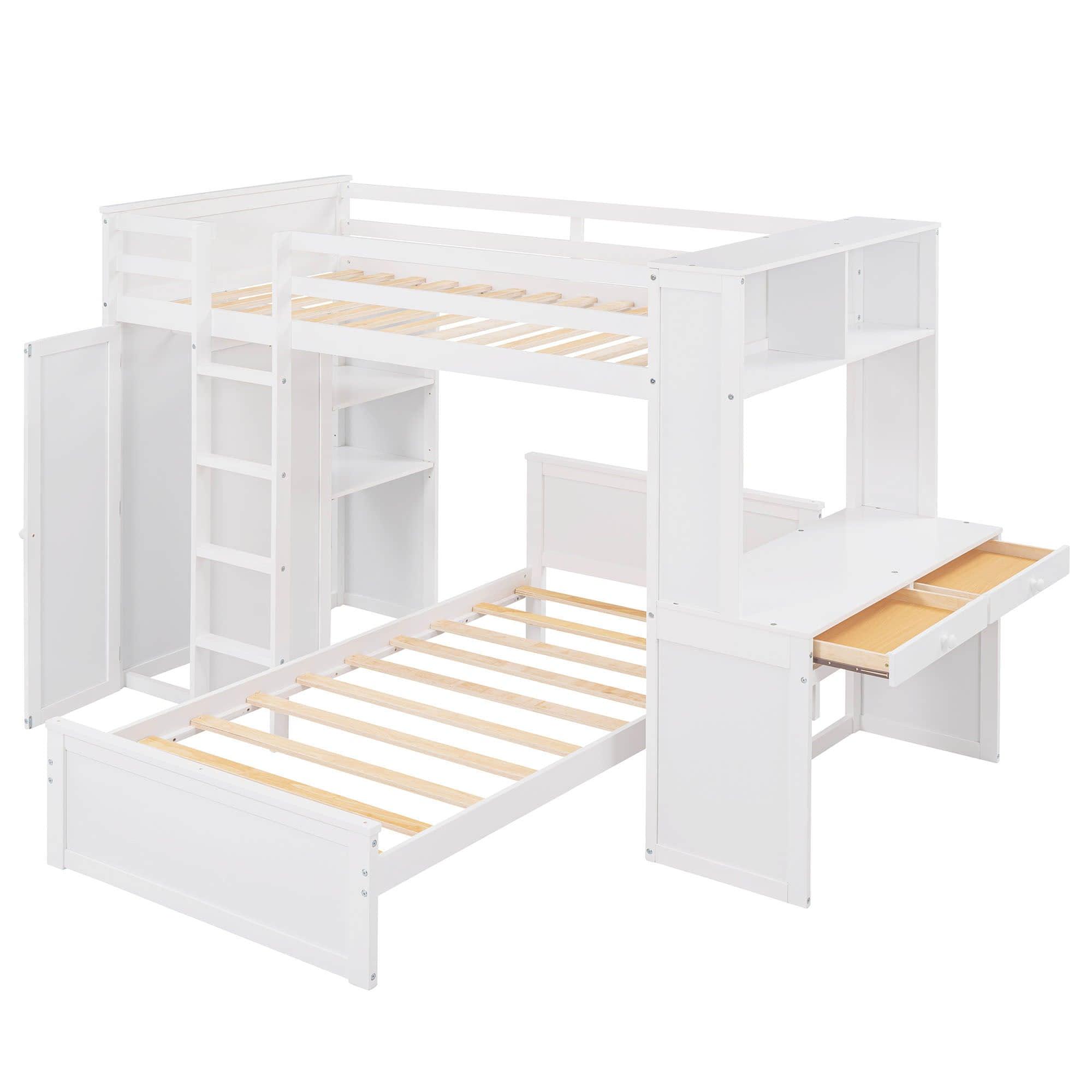 L-Shaped Twin Over Twin Bunk Beds with Desk and Storage - [Wooden, Drawers, Wardrobe]