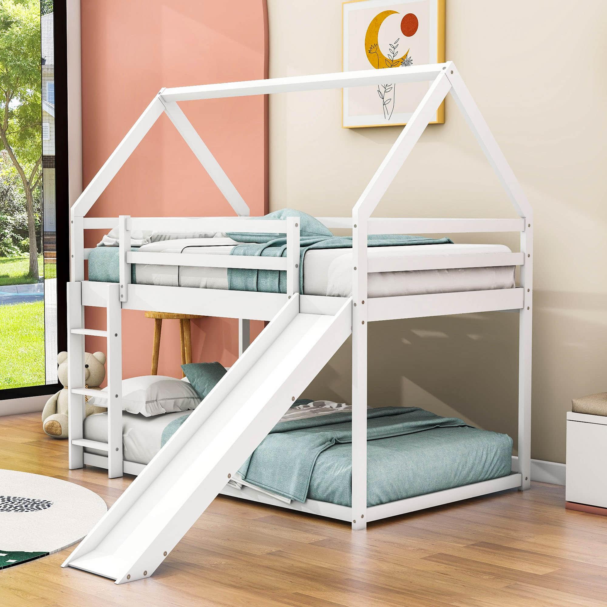 Twin Over Twin House Low Bunk Bed with Slide and Ladder - [Floor, Wood]