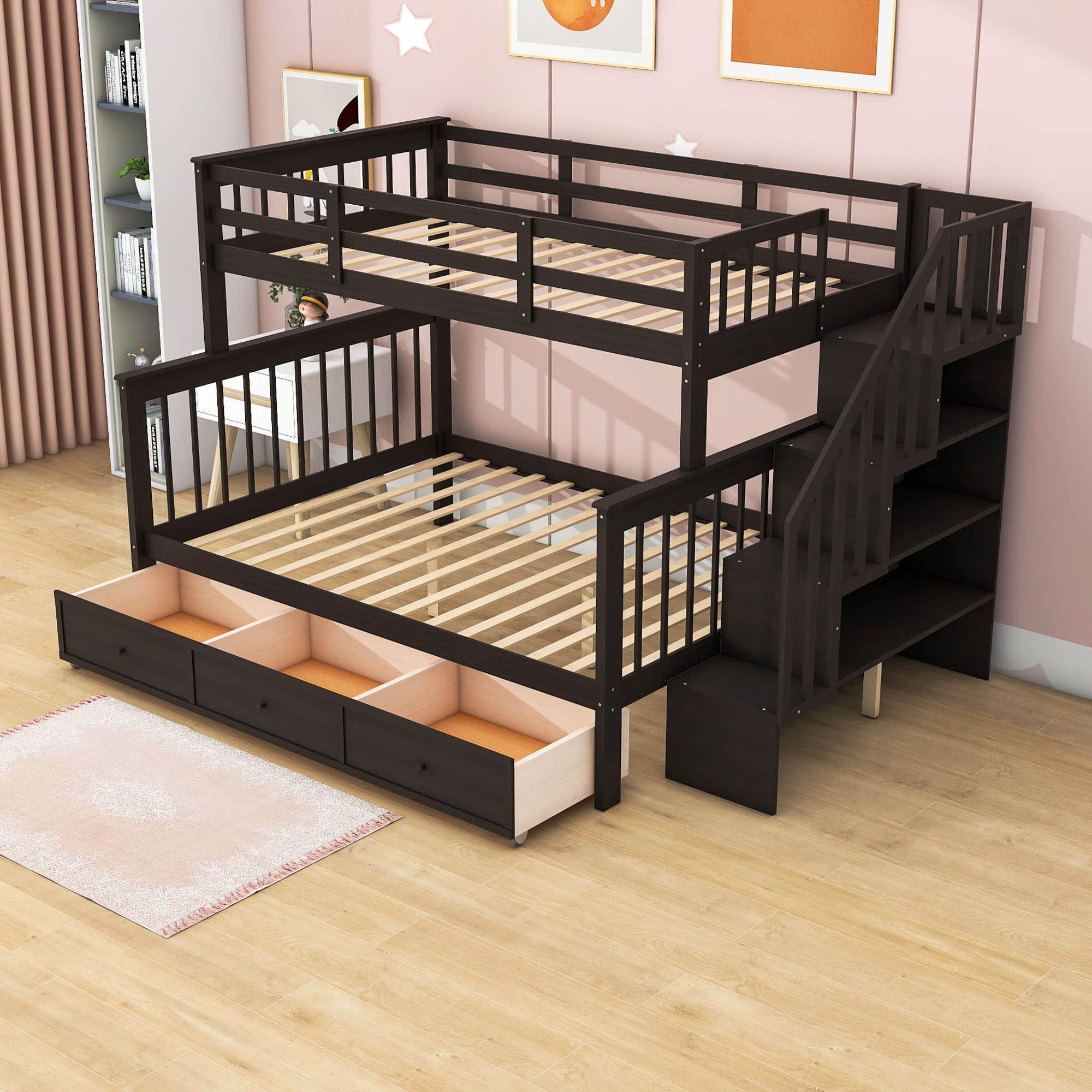 Twin Over Full Bunk Beds with Stairs and Storage Drawers, Shelves - [Convertible]