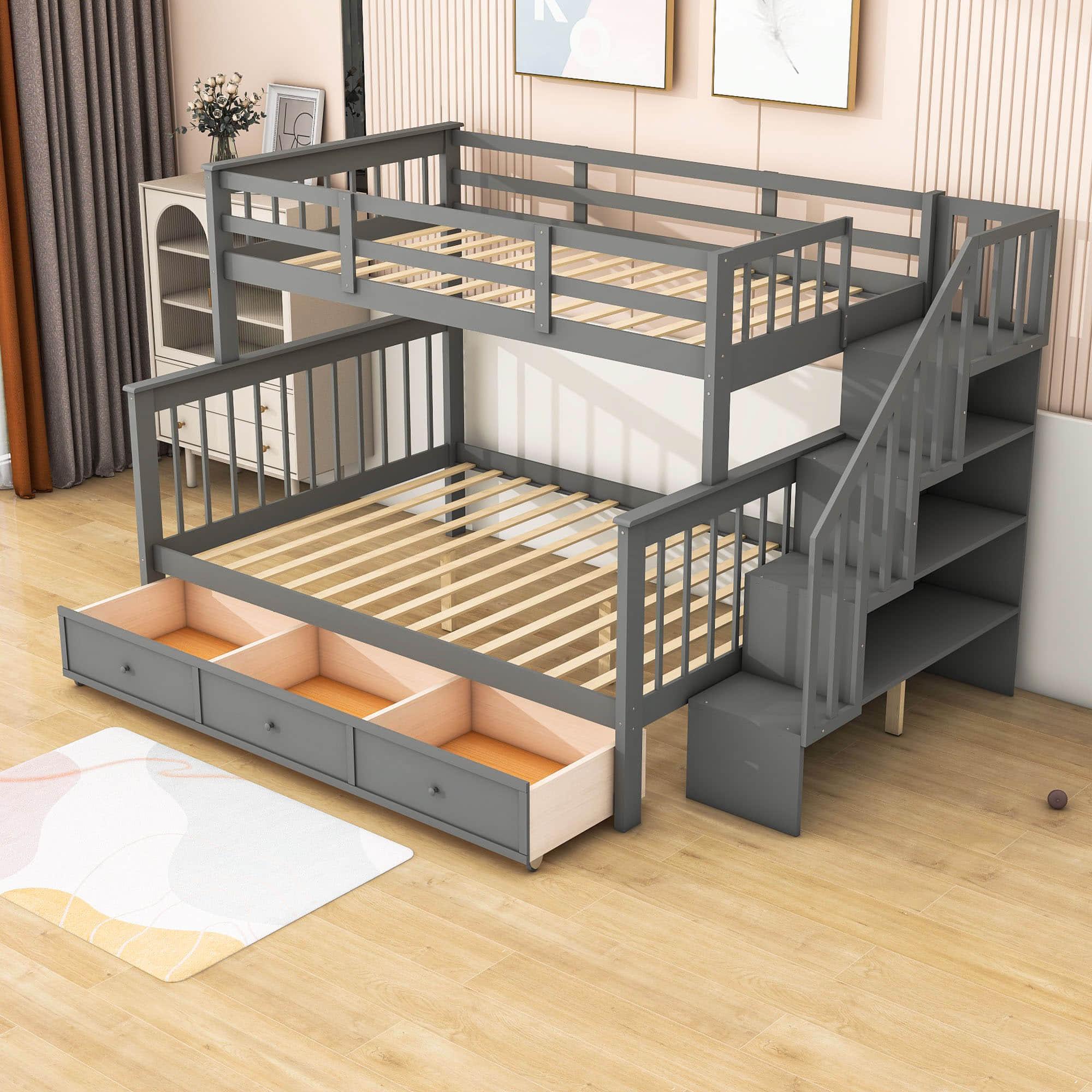 Twin Over Full Bunk Beds with Stairs and Storage Drawers, Shelves - [Convertible]