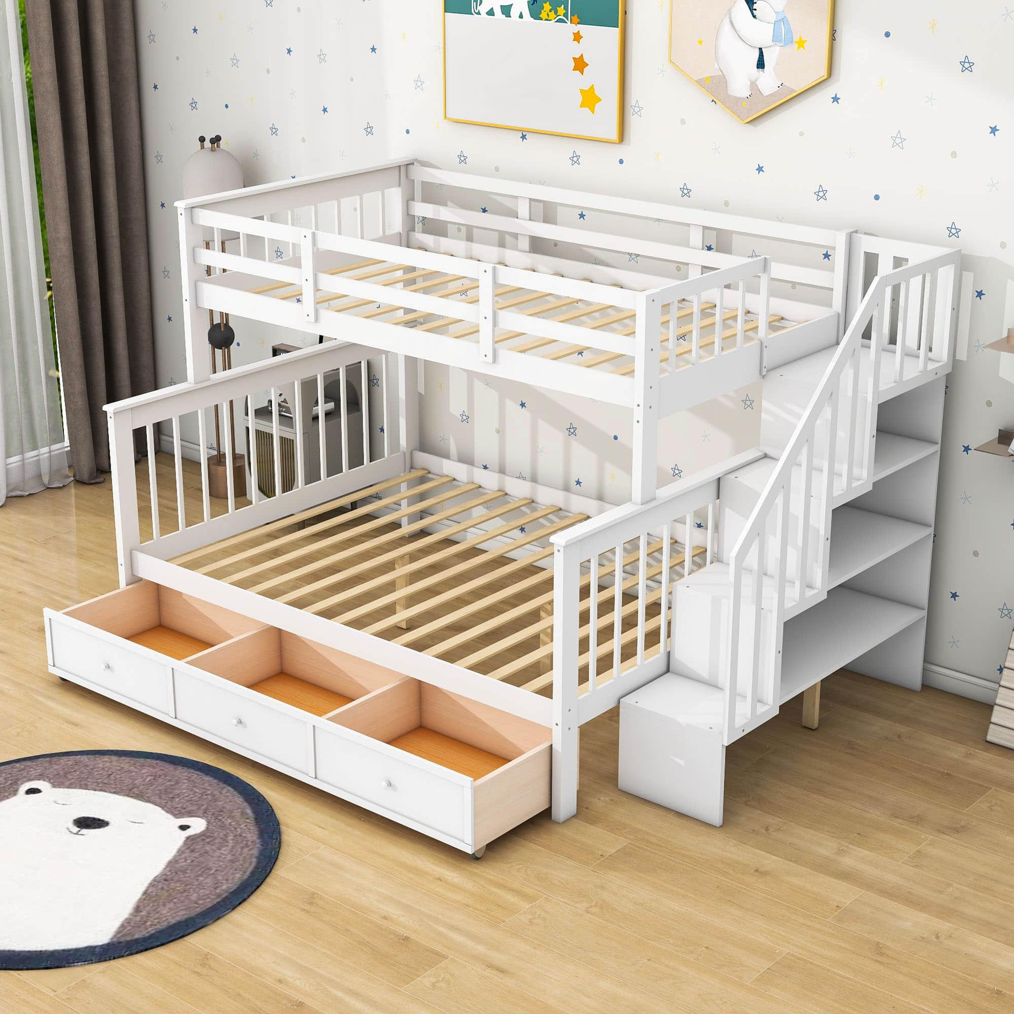 Twin Over Full Bunk Beds with Stairs and Storage Drawers, Shelves - [Convertible]