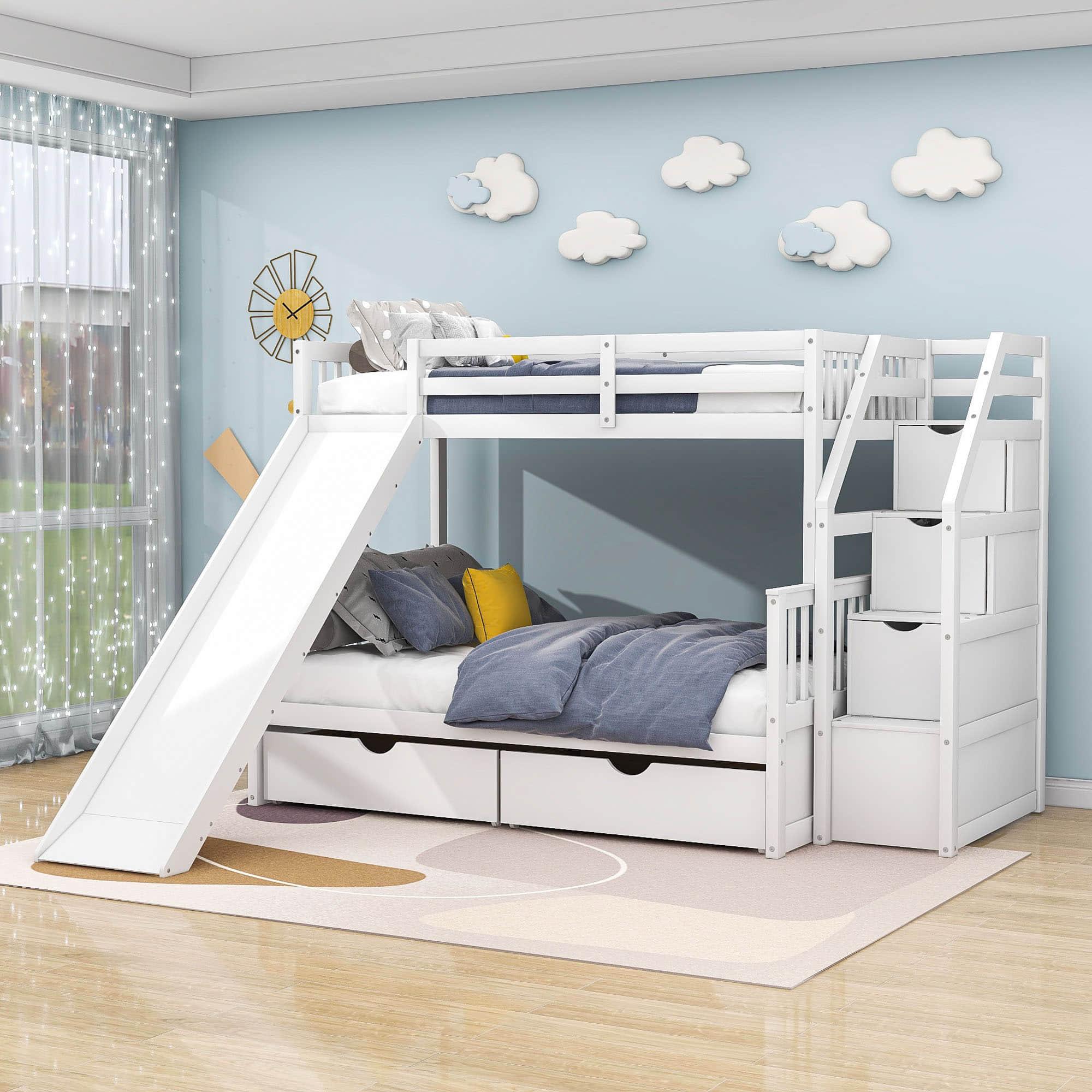 Twin Over Full Bunk Beds with Slide and Stairs, Storage for Kids - [Drawers, Cabinet]