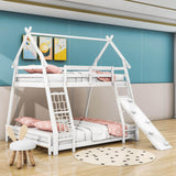 Low Twin Over Queen House Bunk Beds with Climbing Ramp & Nets - [Wooden]