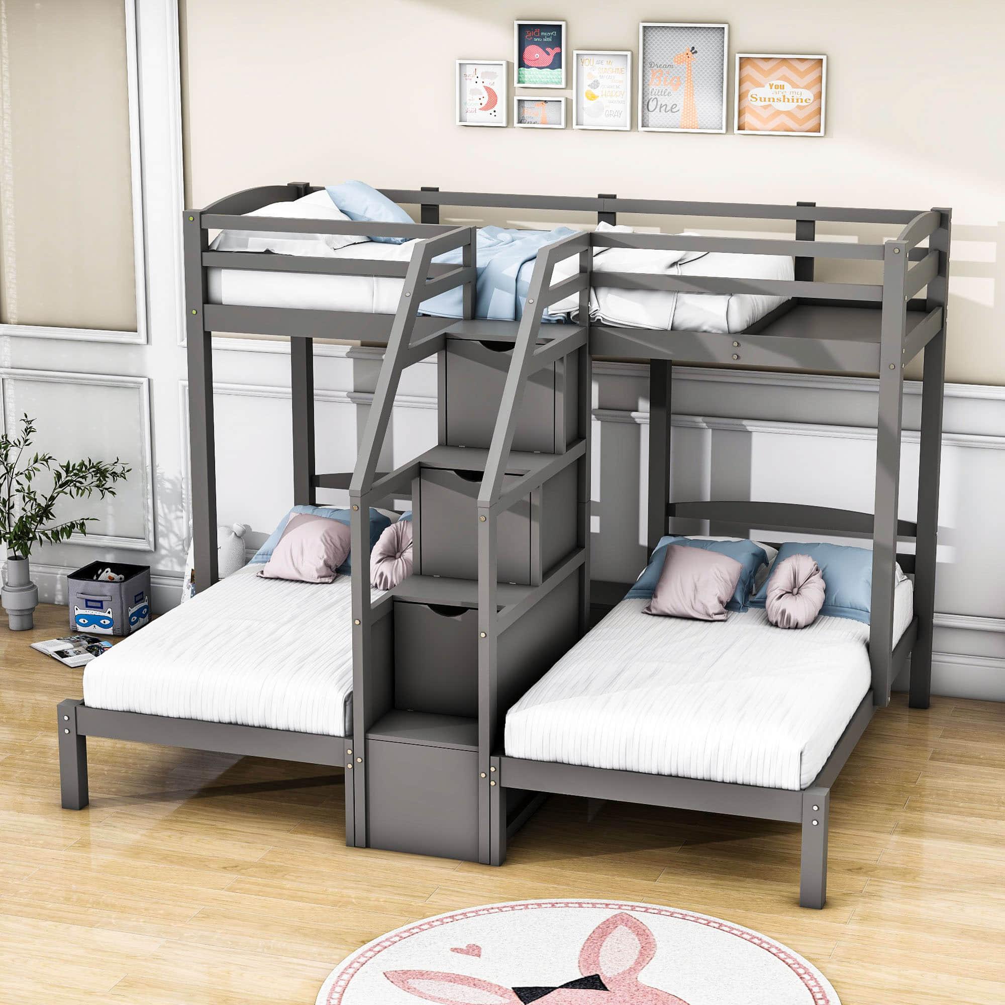 Wood Twin over Twin & Twin Triple Bunk Bed for Kids with Stairs and Storage