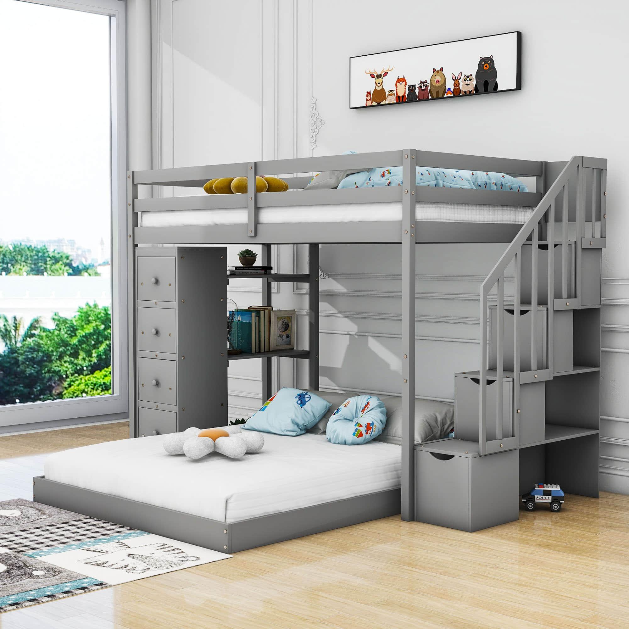 L-Shaped Twin Over Full Floor Bunk Beds for Toddlers, Kids with Stairs