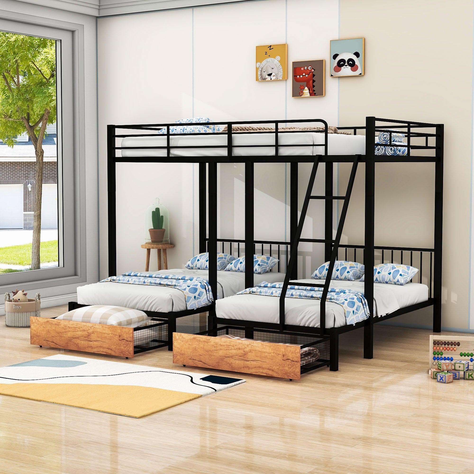 Full Over Twin & Twin Triple Bunk Beds with Storage - [Metal, Drawers, Table]