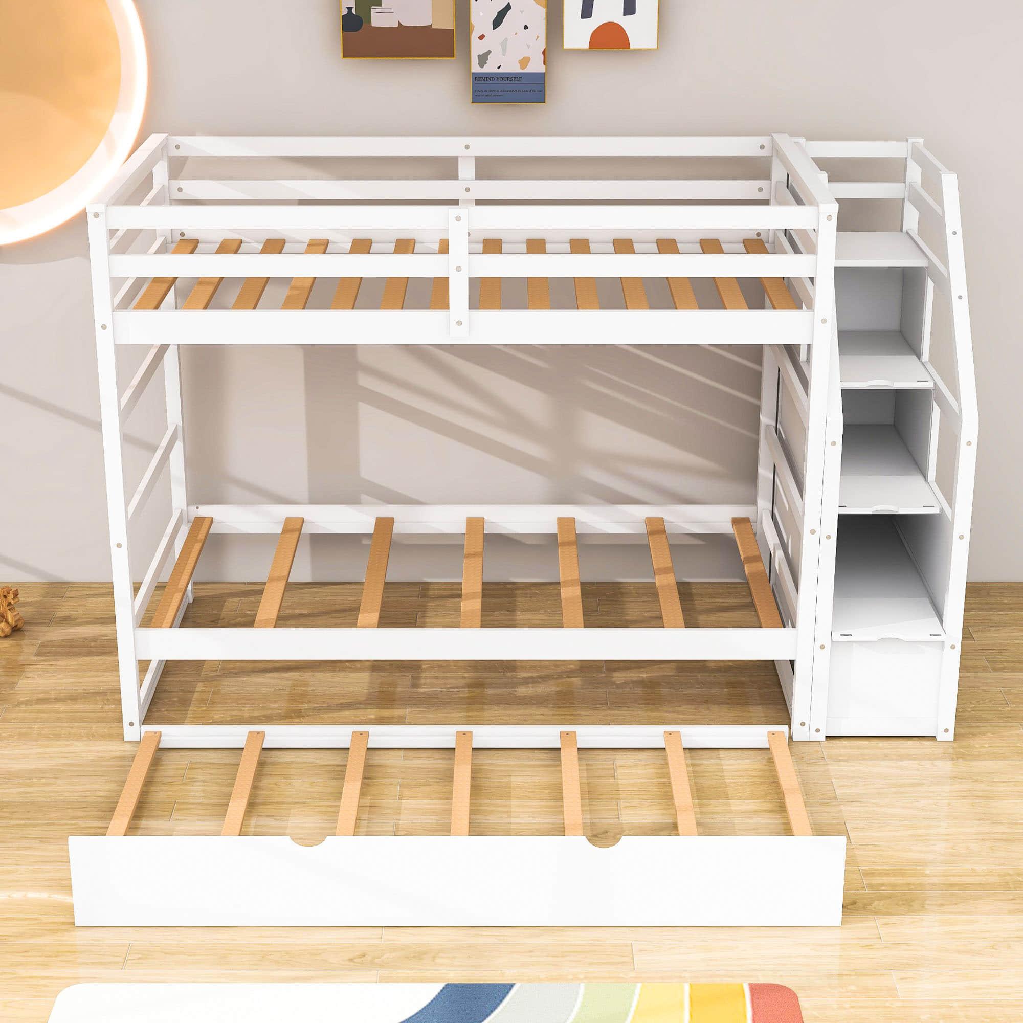 Low Twin Over Twin Bunk Beds for Kids with Storage Stairs and Trundle