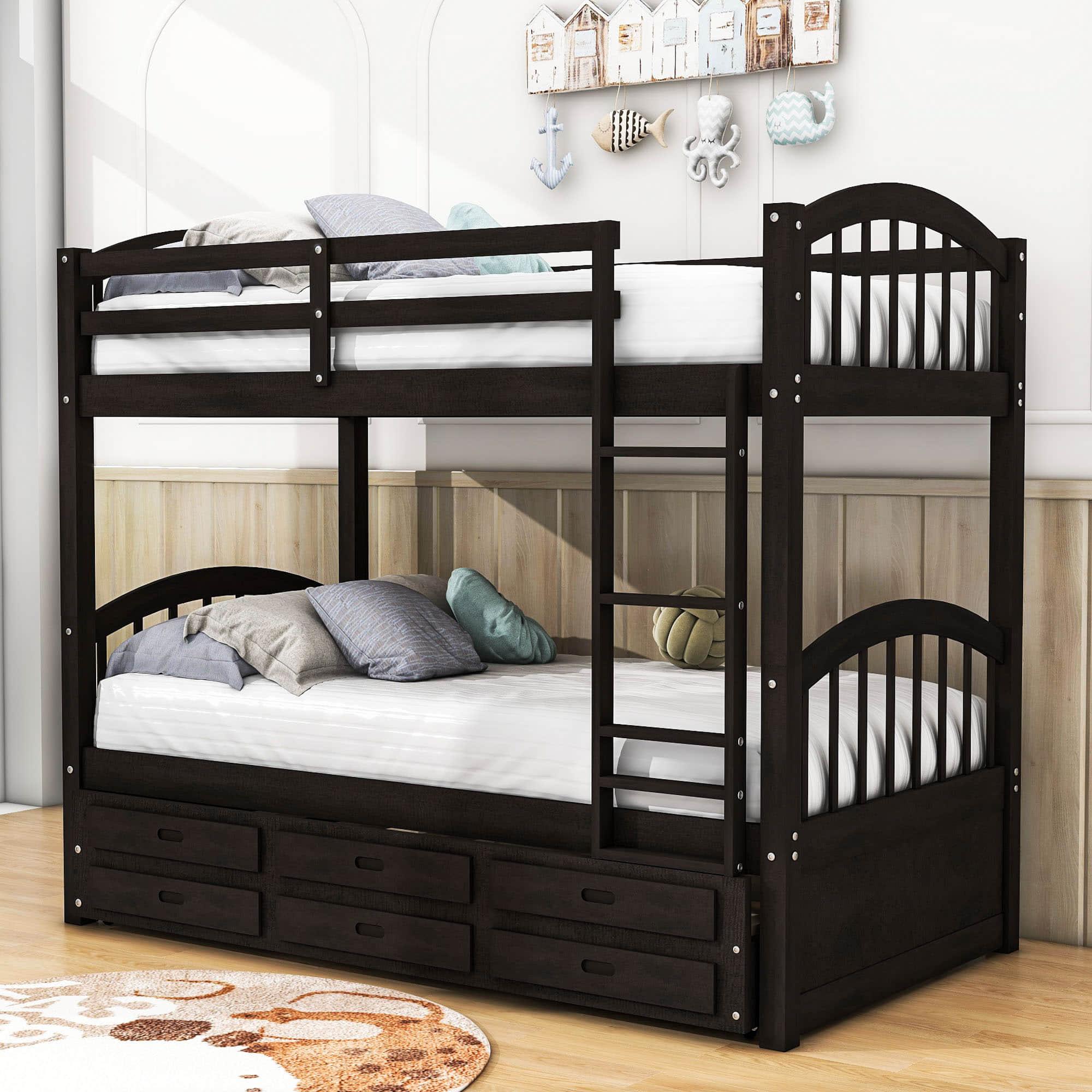 Twin Over Twin Convertible Bunk Beds with Trundle and Storage - [Wooden]