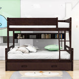 Wooden Twin Over Full Bunk Beds with Trundle and Storage Bookshelves