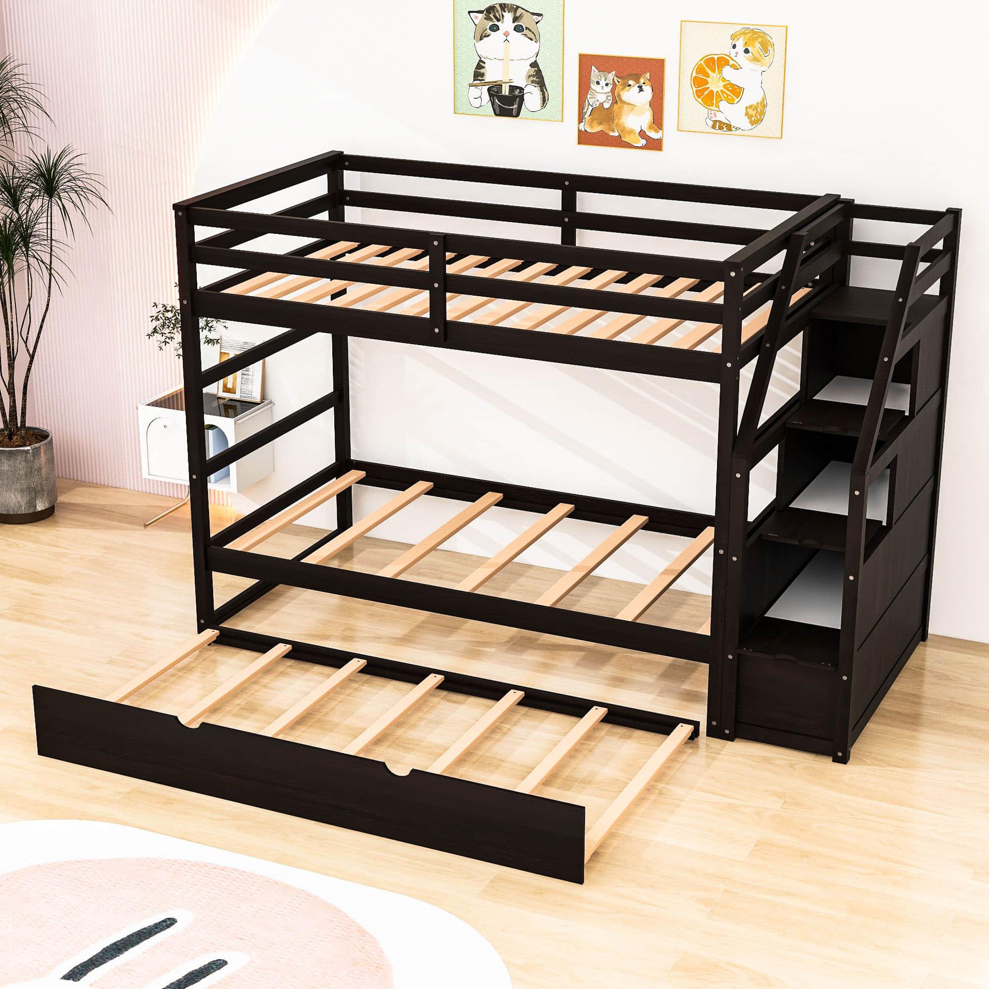 Low Twin Over Twin Bunk Beds for Kids with Storage Stairs and Trundle