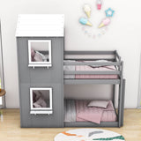 Wooden Twin Over Twin Low Bunk Beds for Kids with Fun Roof and Window