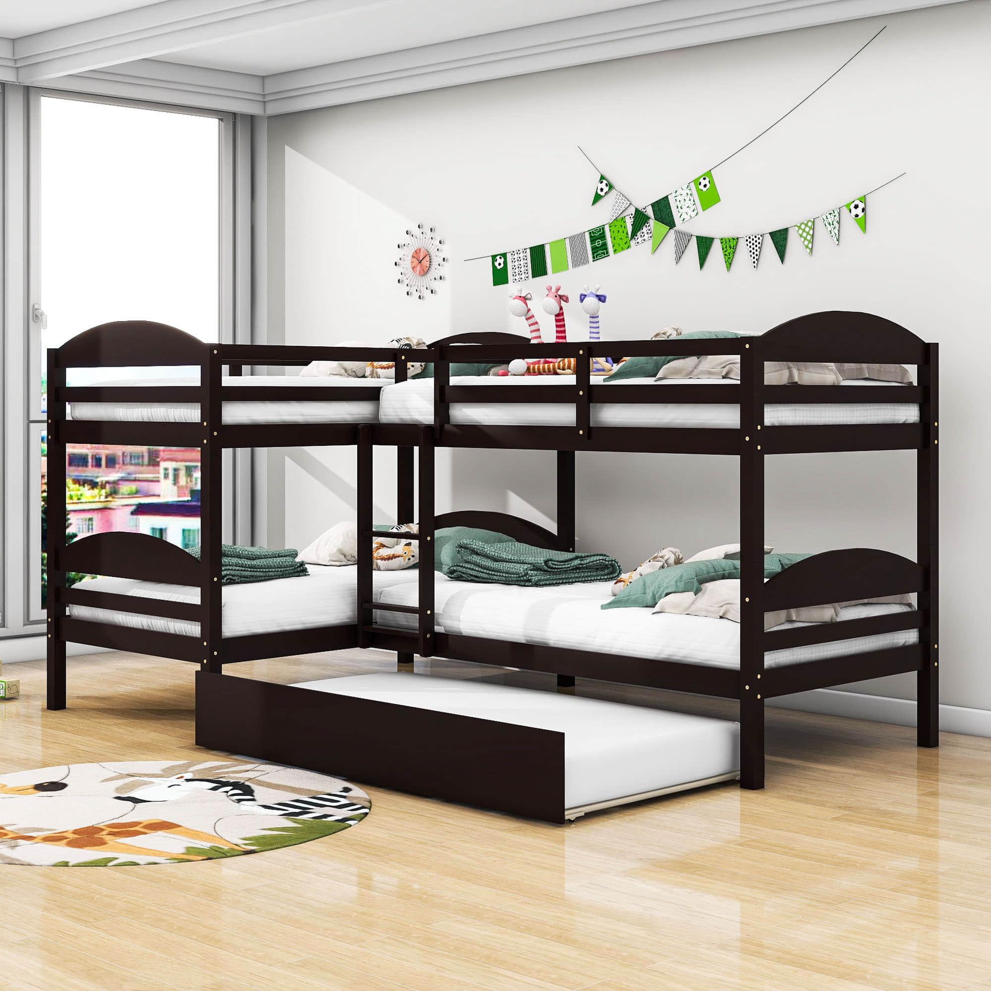 Twin Corner Quad Bunk Beds with Trundle for Kids - [Wooden, L-Shaped]