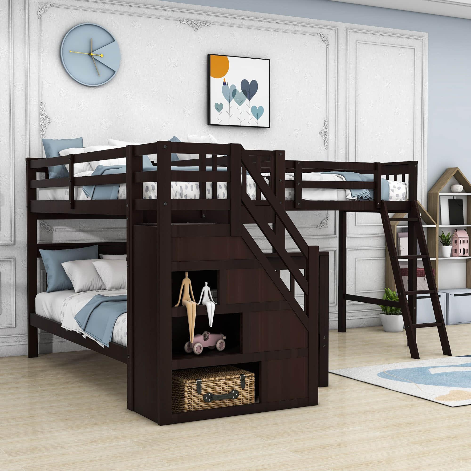 Twin Over Full Corner Loft Bunk Beds with Stairs and Storage - [Wood, Triple, Drawers]