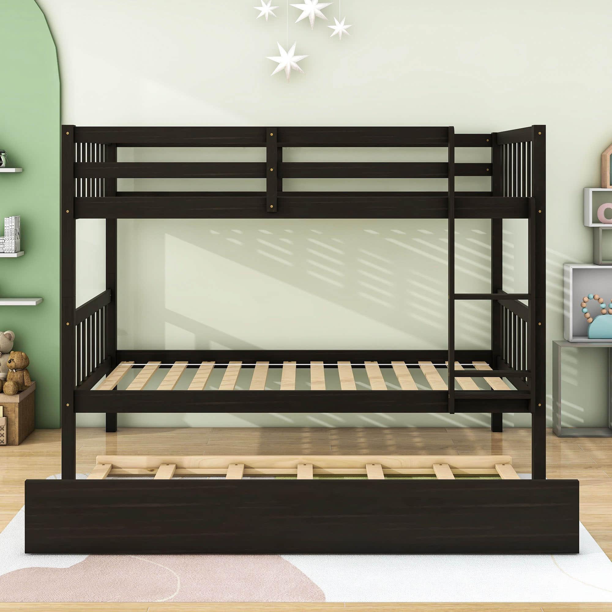 Convertible Twin Over Twin Bunk Beds with Trundle for Kids, Teens - [Solid Wood]