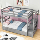 Twin Over Twin/King Convertible Bunk Beds with Stairs and Trundle