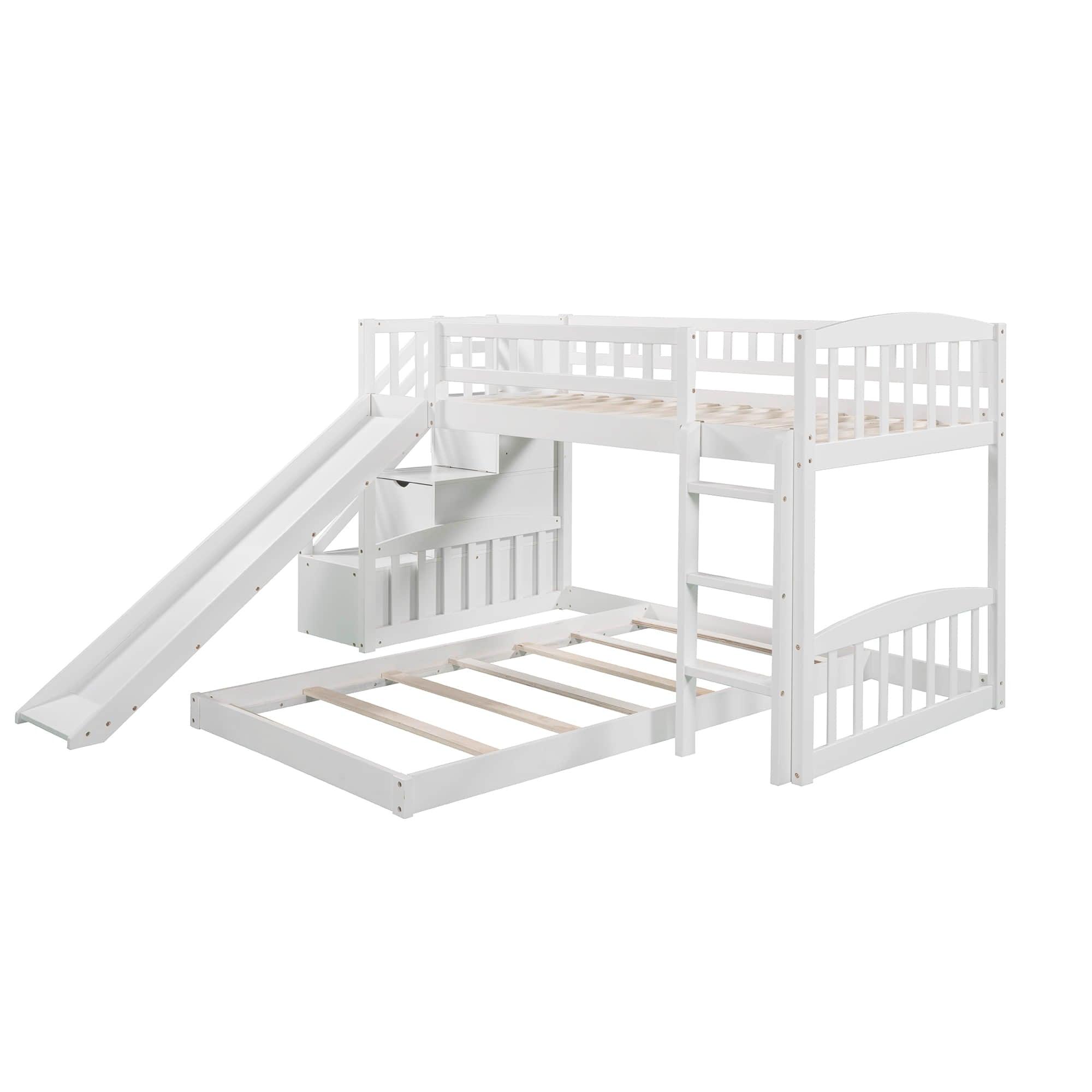 Twin Over Twin L-Shaped Floor Bunk Beds with Stairs and Slide for Kids