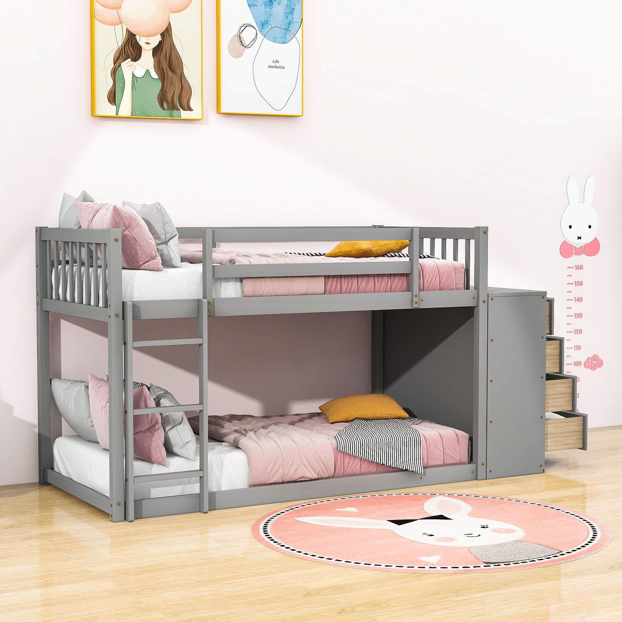 Low Twin Over Twin Bunk Beds with Detachable Storage Dresser - [Drawers, Shelves]