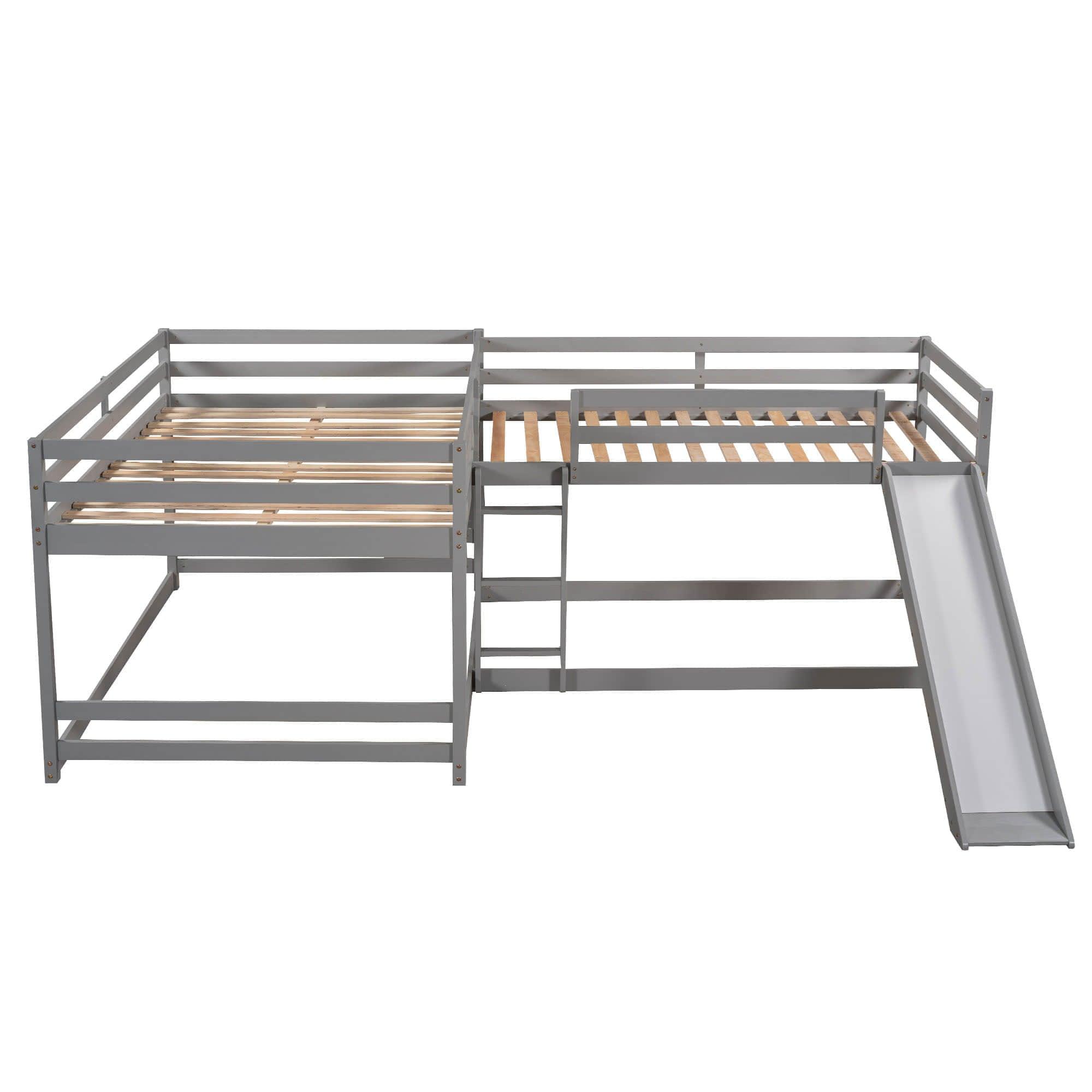 Corner Full and Twin Quad Bunk Beds with Slide - [Wooden, Convertible, L-Shaped]