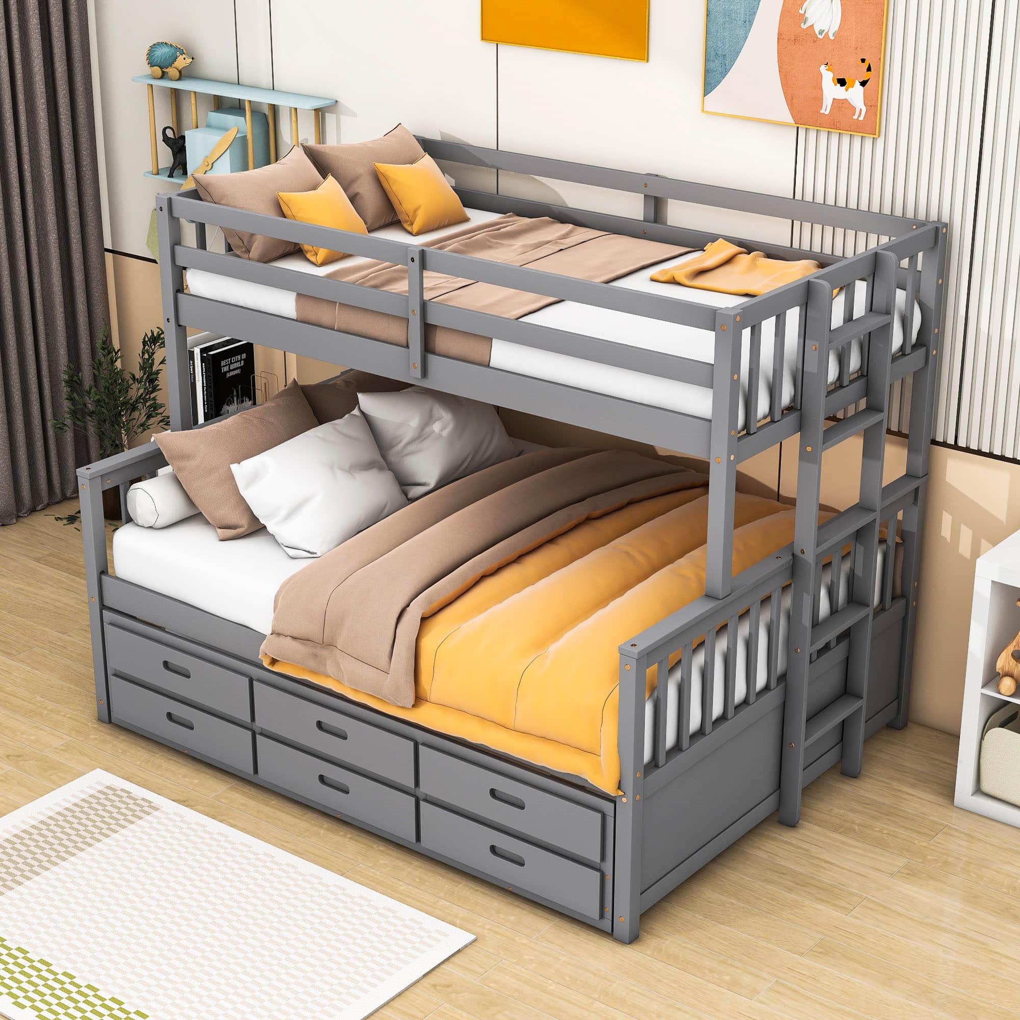 Wooden Twin Over Full Convertible Bunk Beds with Trundle and Storage