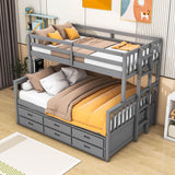 Wooden Twin Over Full Convertible Bunk Beds with Trundle and Storage