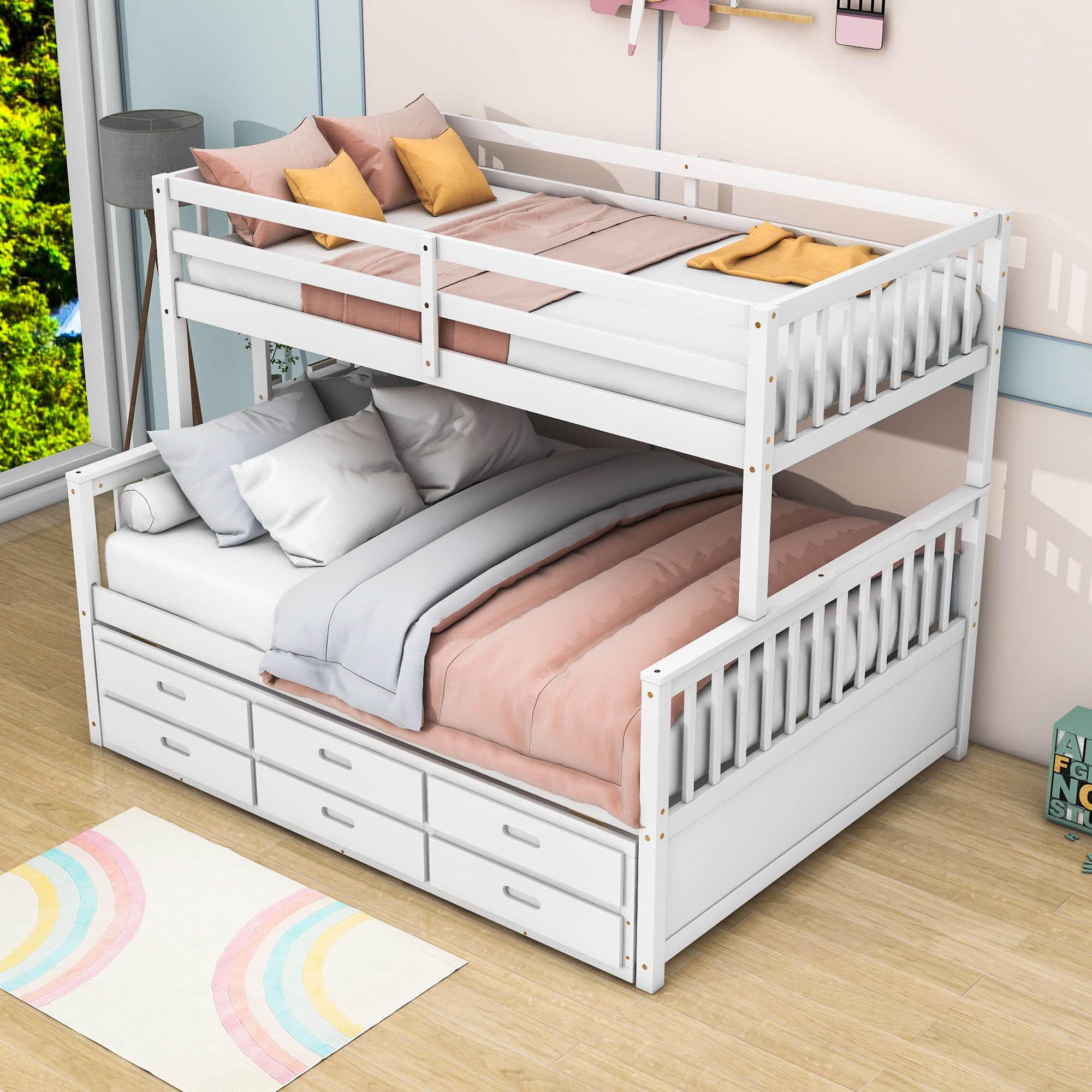 Wooden Twin Over Full Convertible Bunk Beds with Trundle and Storage