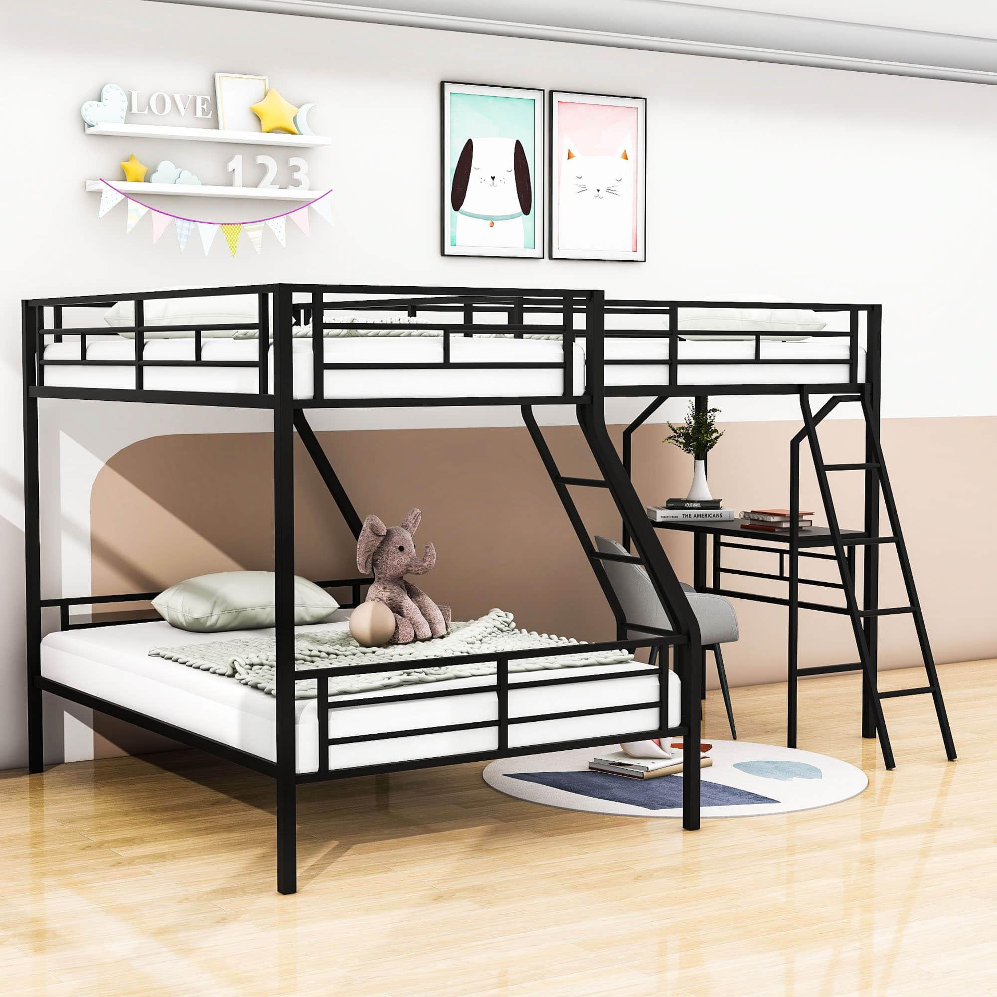 Twin Over Full Corner Loft Triple Bunk Beds with Desk - [Metal, Black]