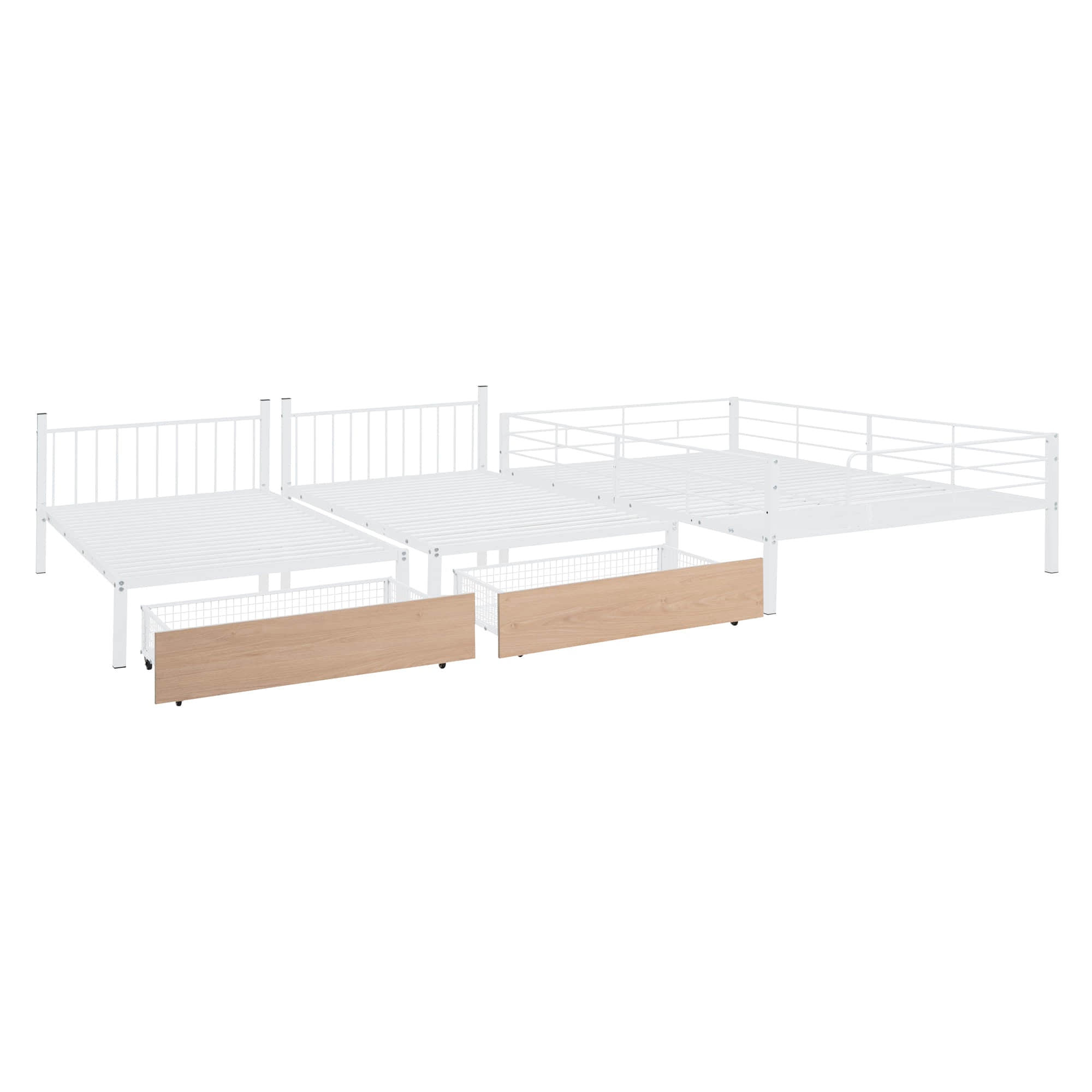 L-Shaped Full Over Twin & Twin Metal Triple Bunk Bed with Desk and Storage