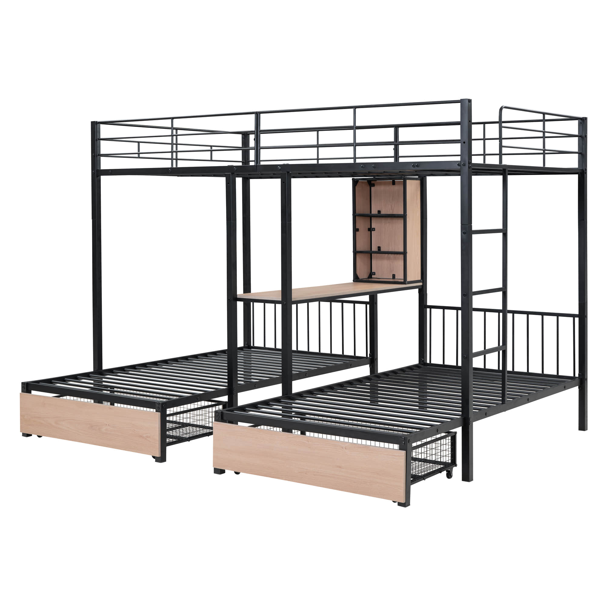 L-Shaped Full Over Twin & Twin Metal Triple Bunk Bed with Desk and Storage