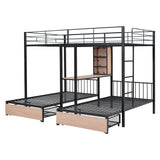 L-Shaped Full Over Twin & Twin Metal Triple Bunk Bed with Desk and Storage