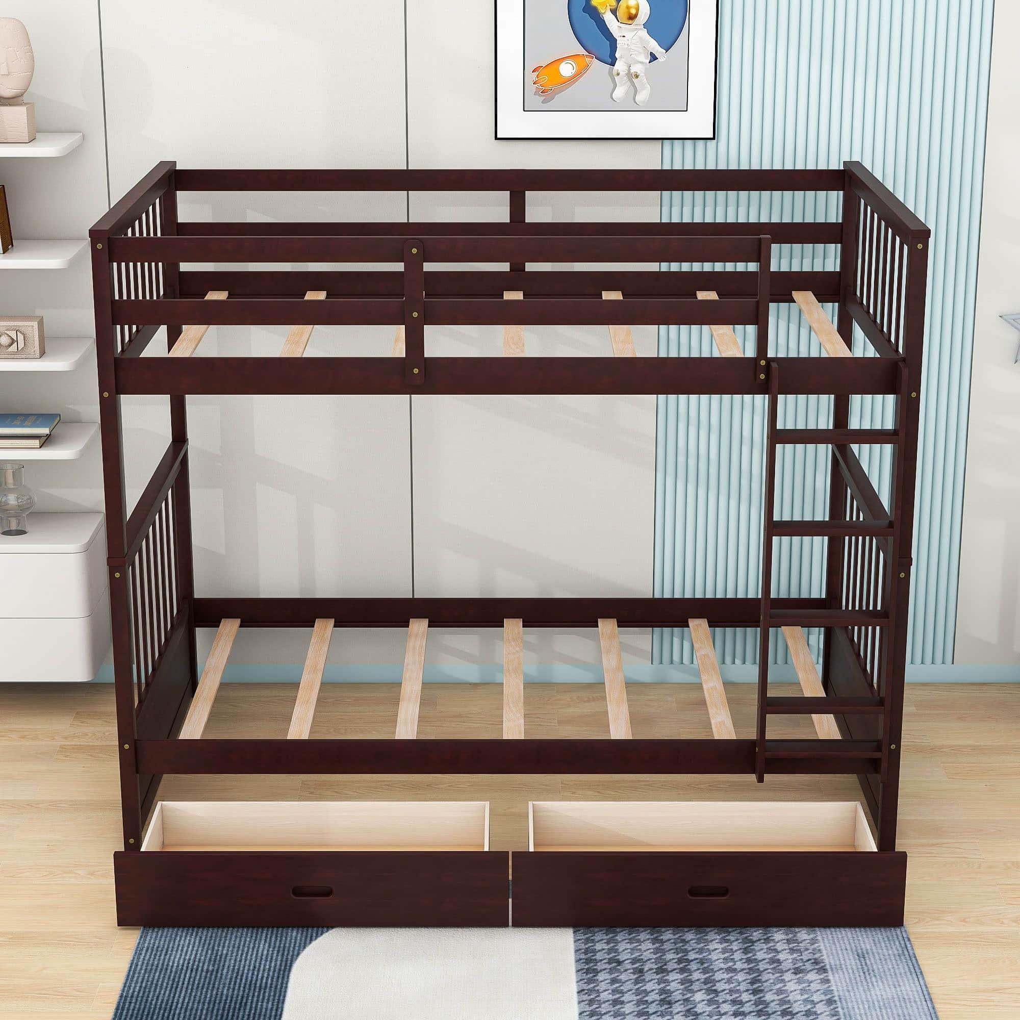 Wooden Twin Over Twin Bunk Beds with Storage Drawers - [Convertible]