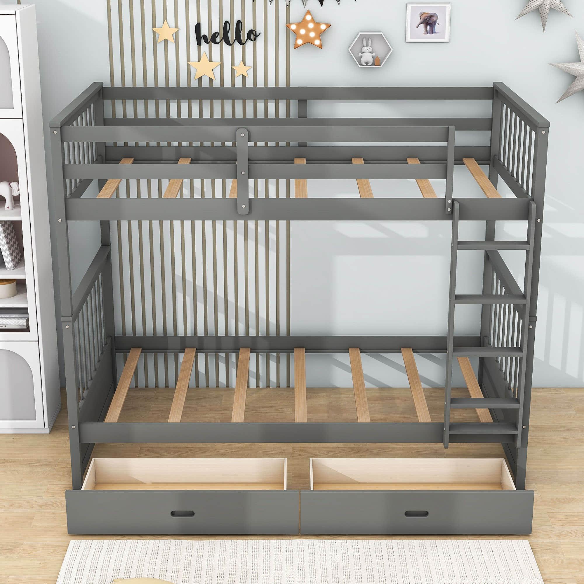 Wooden Twin Over Twin Bunk Beds with Storage Drawers - [Convertible]