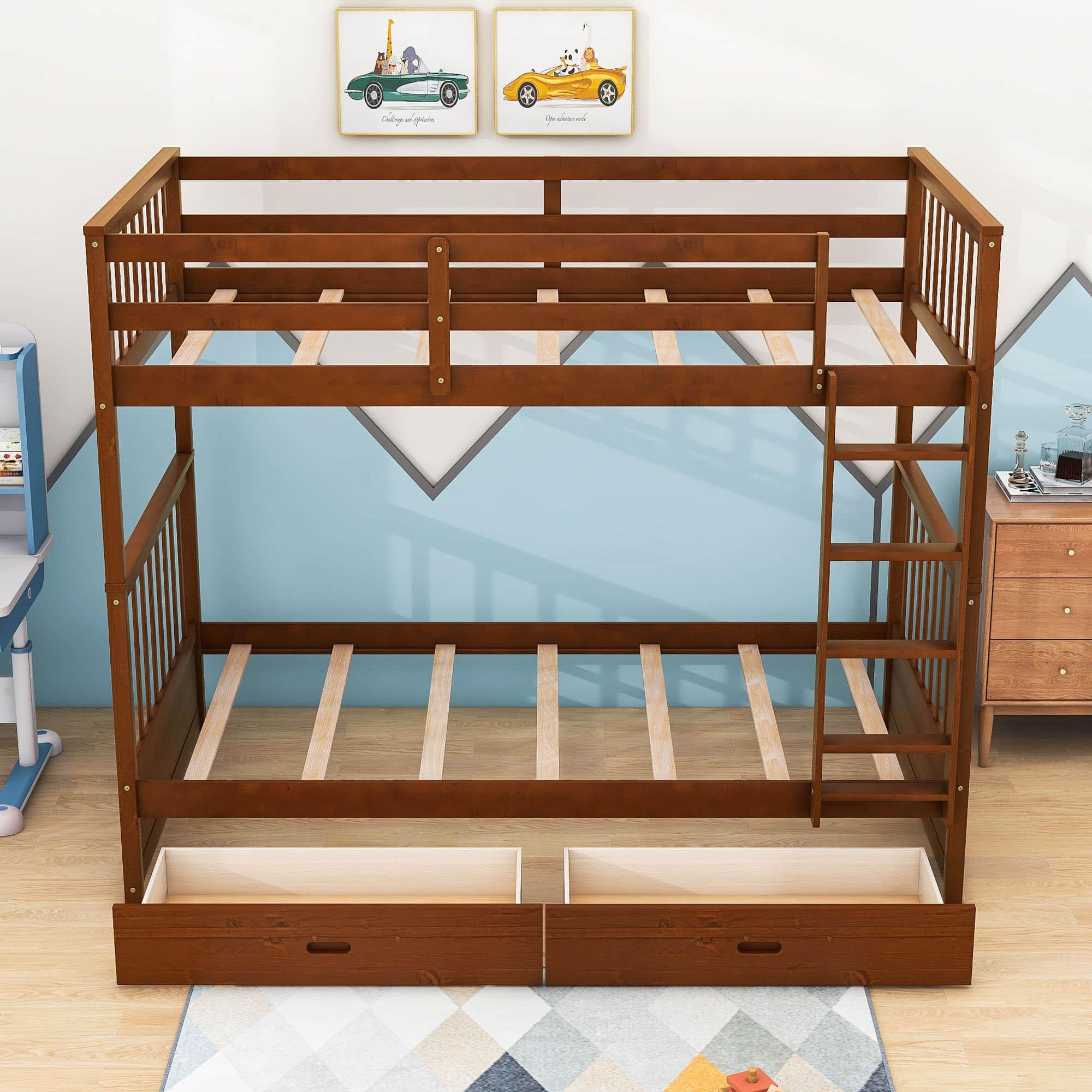 Wooden Twin Over Twin Bunk Beds with Storage Drawers - [Convertible]