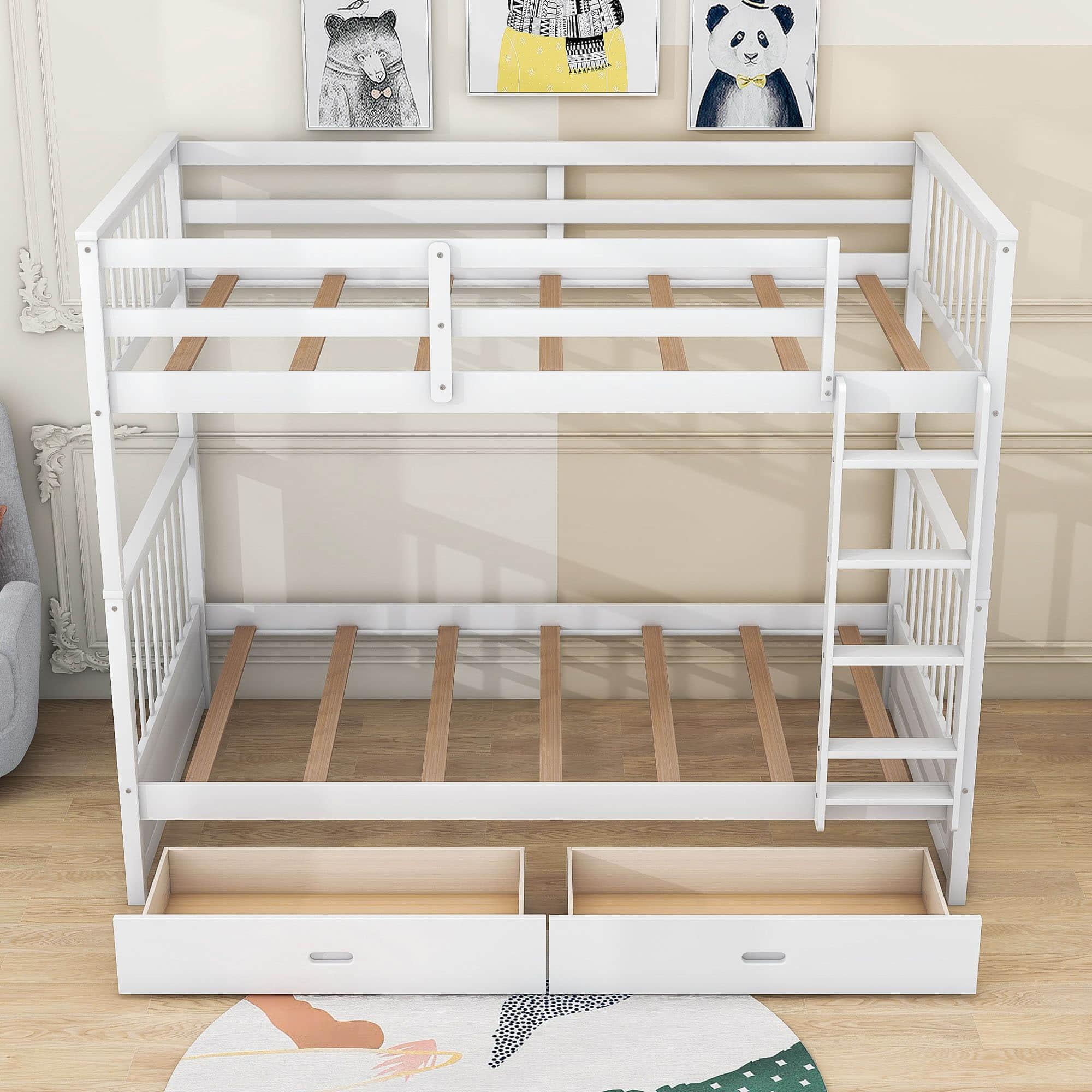 Wooden Twin Over Twin Bunk Beds with Storage Drawers - [Convertible]