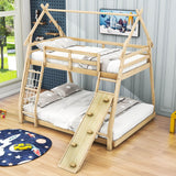 Low Twin Over Queen House Bunk Beds with Climbing Ramp & Nets - [Wooden]