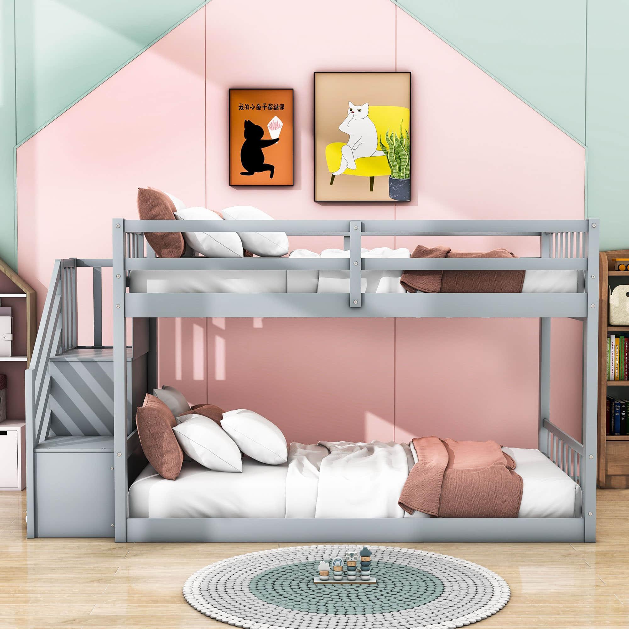 Low Twin Over Twin Toddler Bunk Beds with Stairs - [Floor]