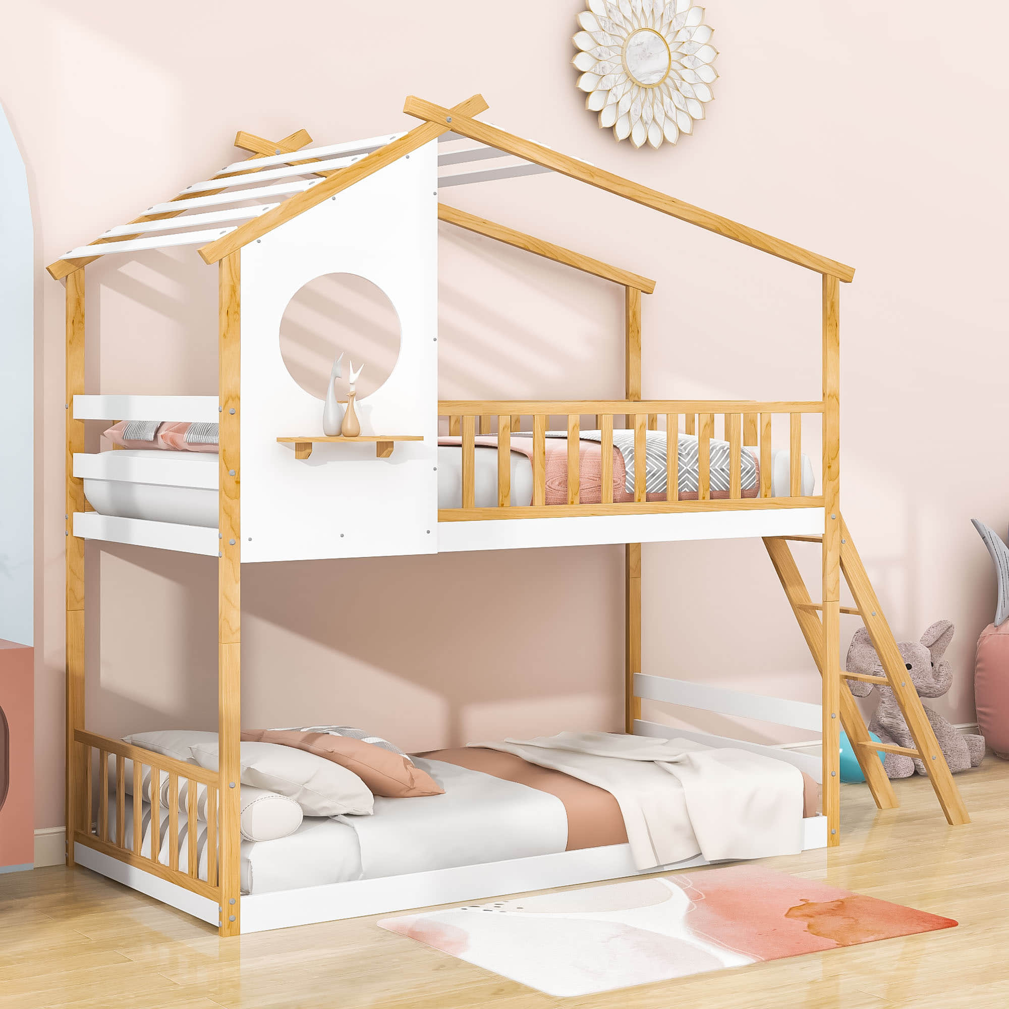 Low to Floor Twin Over Twin House Bunk Beds for Toddler, Kids - [Wood]