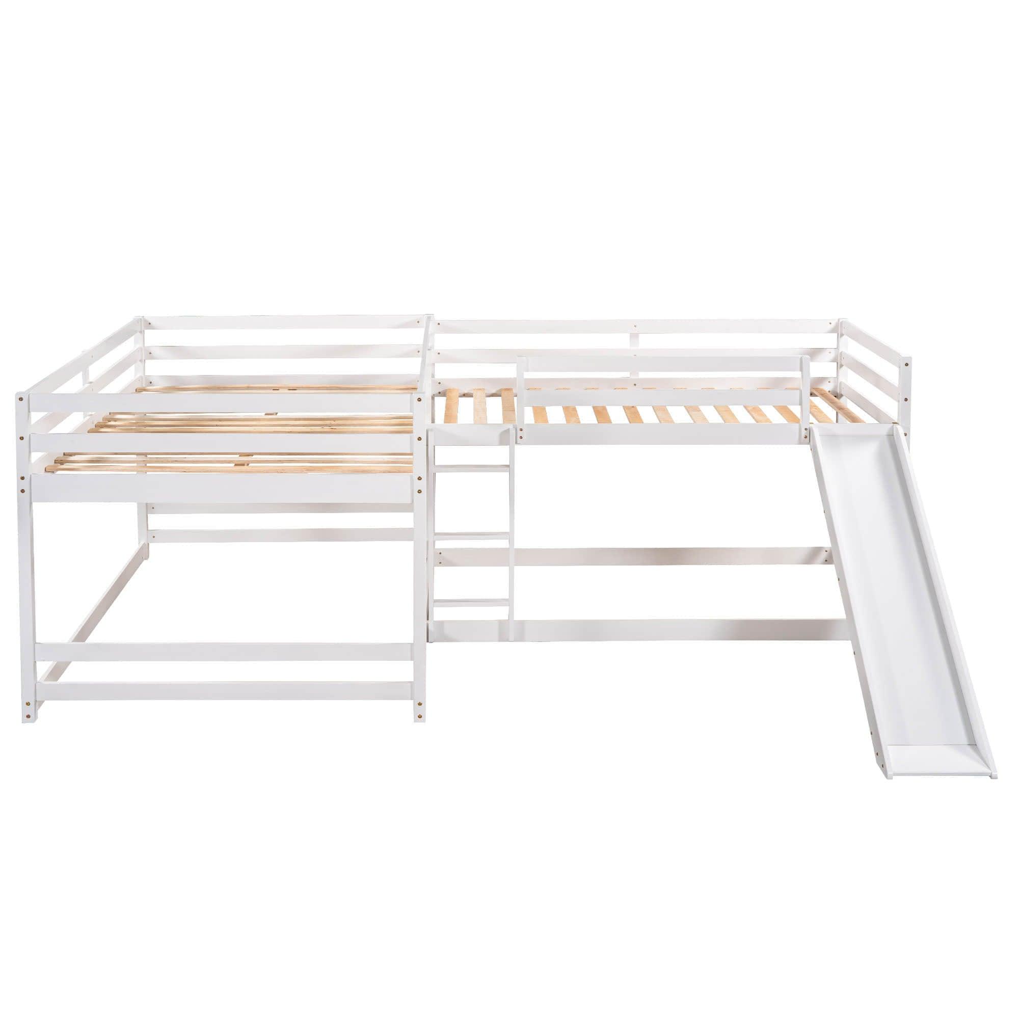 Corner Full and Twin Quad Bunk Beds with Slide - [Wooden, Convertible, L-Shaped]