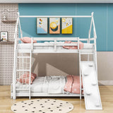 Low Twin Over Queen House Bunk Beds with Climbing Ramp & Nets - [Wooden]