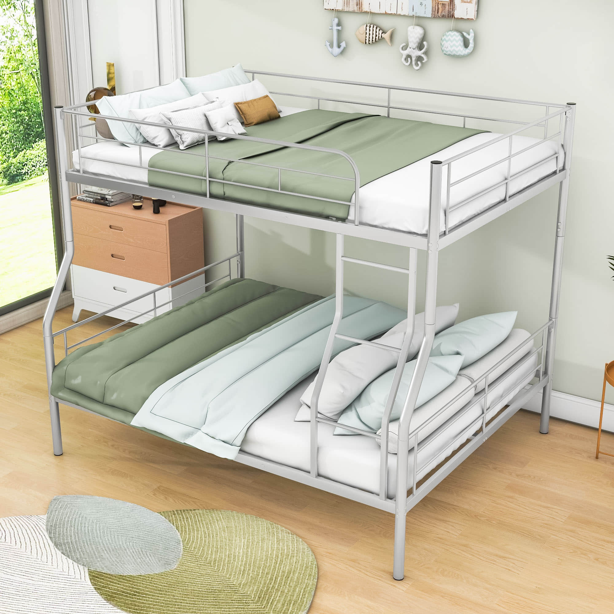 Full XL Over Queen Convertible Metal Bunk Beds for Adults, Kids