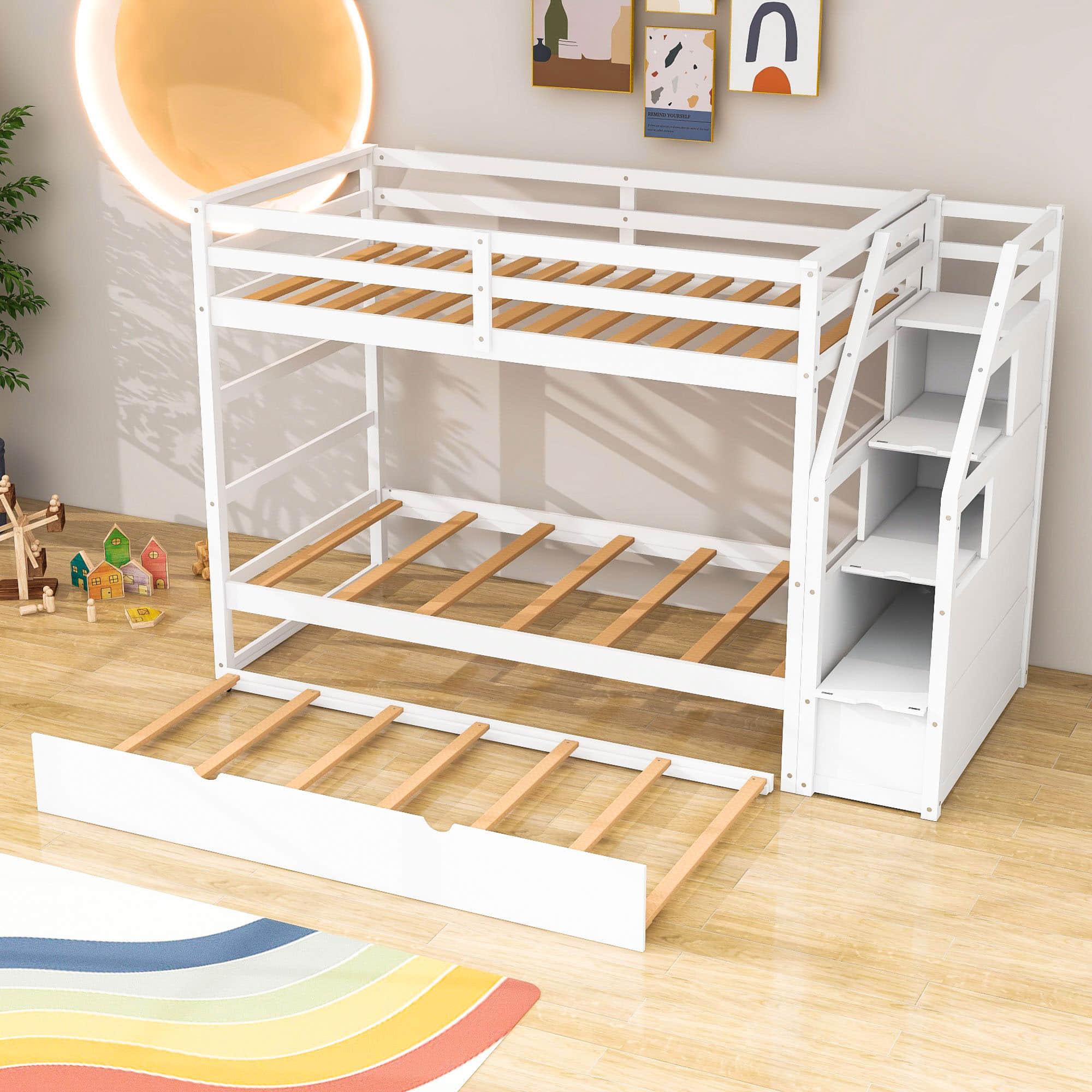 Low Twin Over Twin Bunk Beds for Kids with Storage Stairs and Trundle