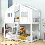 Low Twin Over Twin House Bunk Beds for Kids Toddler - [Wooden, Floor]